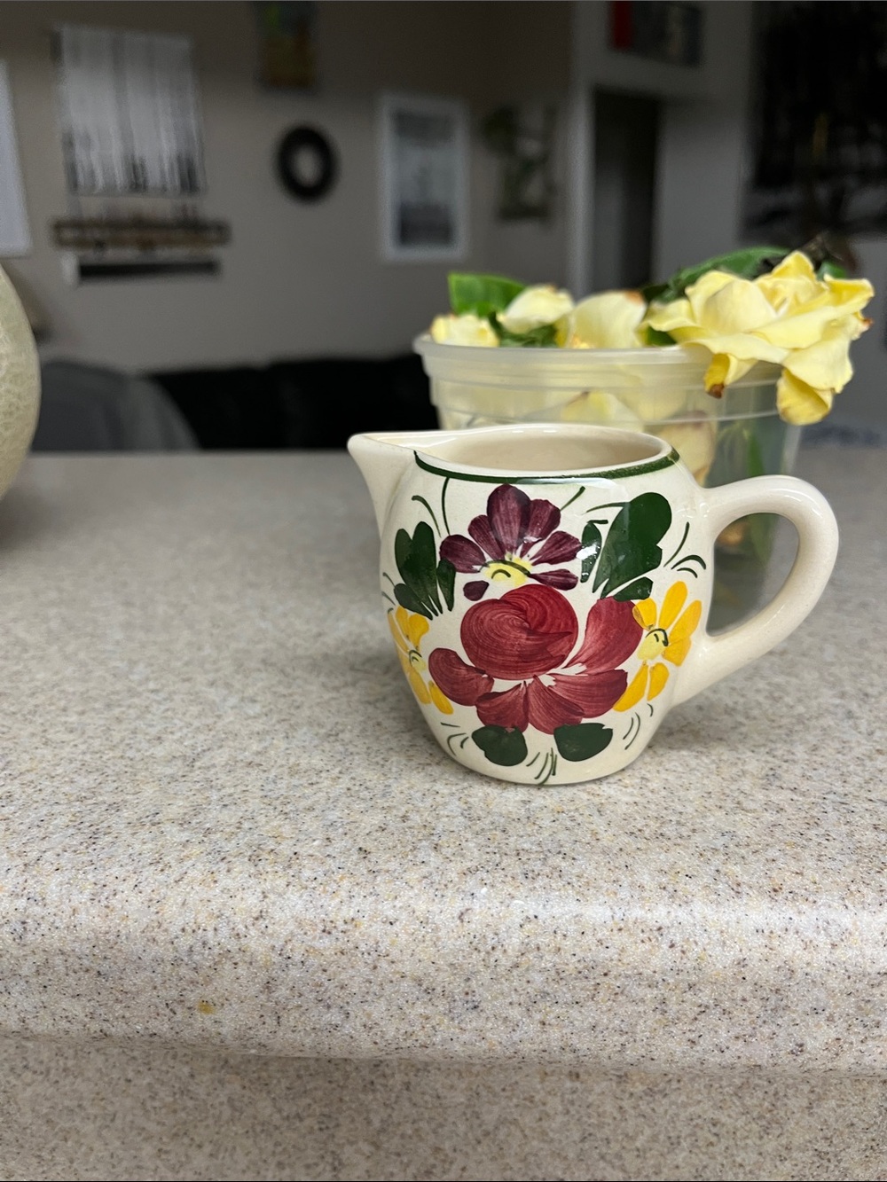 Hand-Painted Floral Ceramic Creamer Pitcher in White, Red & Green, vtg,